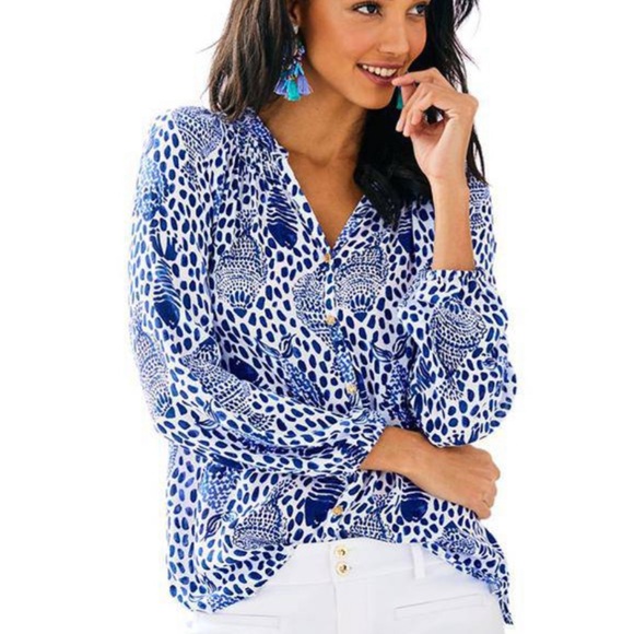 Lilly Pulitzer Tops Lilly Pulitzer Blouse Fish Print Blue White Top — free download